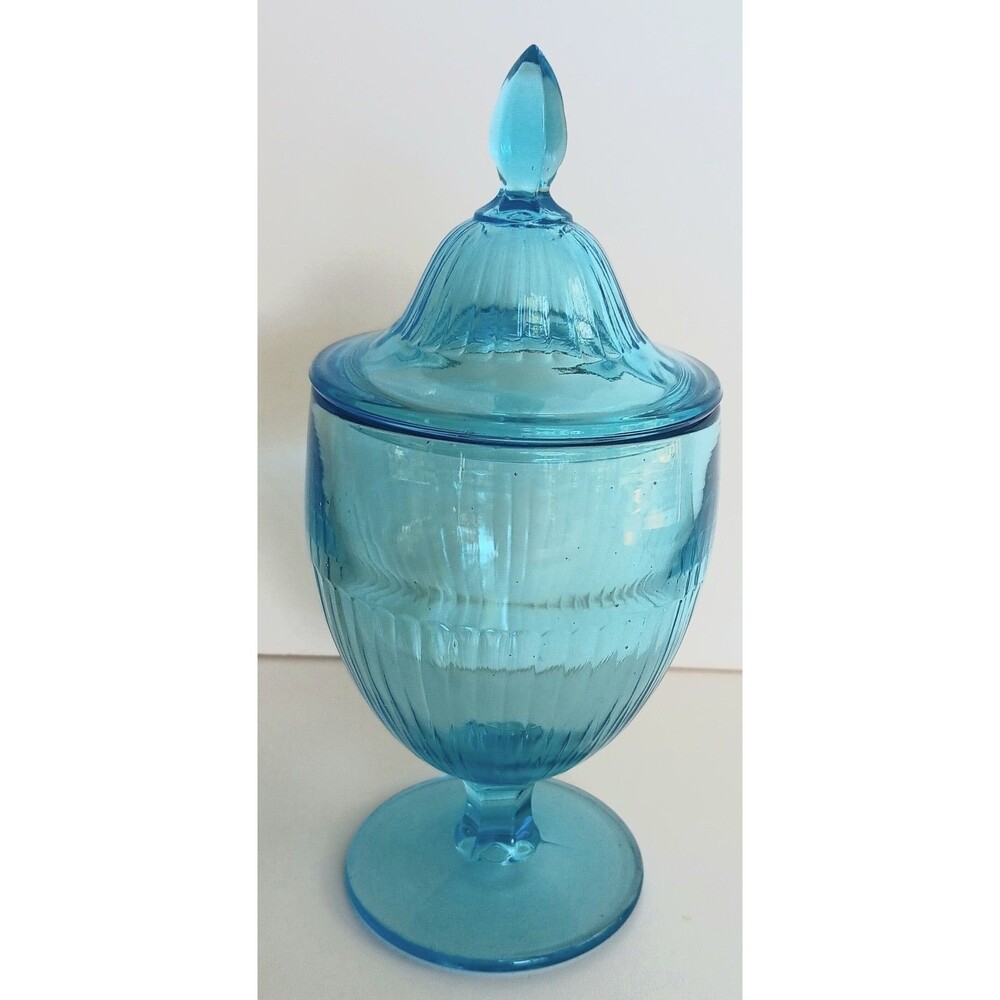 Empoli Style Glass Aqua Blue Ribbed Candy Pedestal Dish Apothecary Lidded Jar